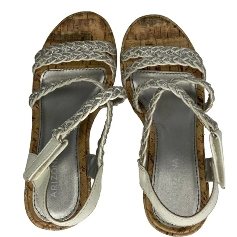 Arizona Jean Co Jersey Sandals White and Silver Braided Straps Wedge Cork Size 2